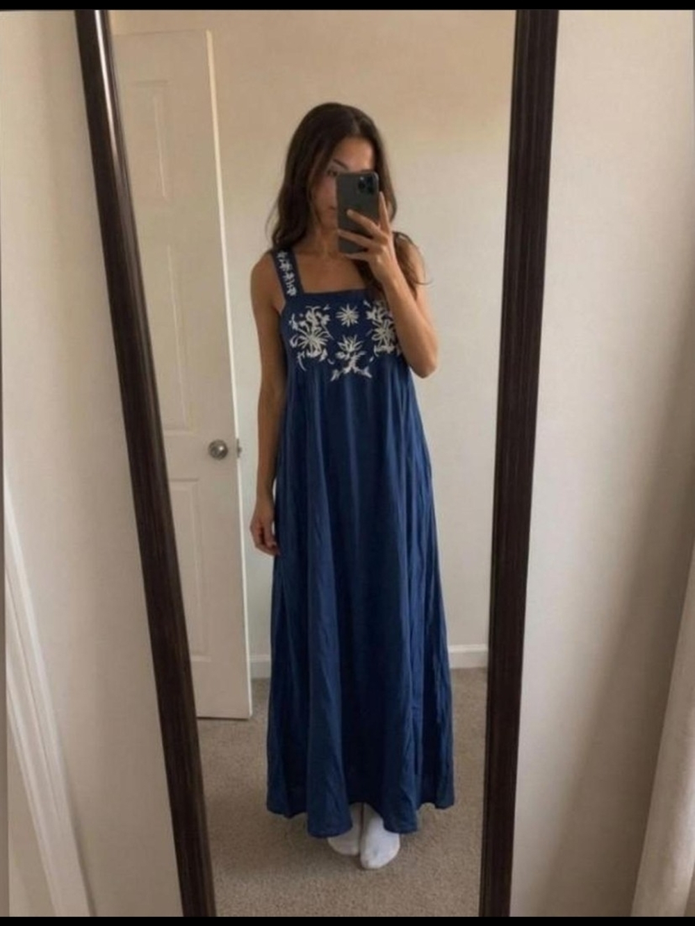 Navy Embroidered Square-Neck Maxi Dress